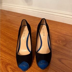 Guess Black and Blue Suede Peep Toe Heels